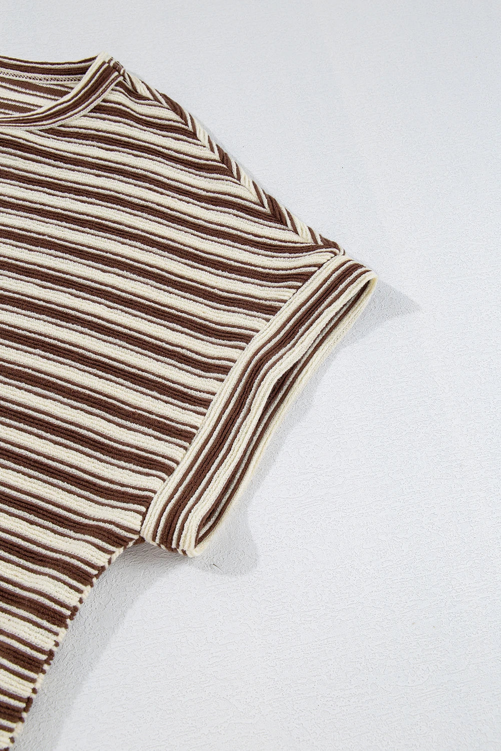 Brown Stripe Textured Side Slits Crew Neck T Shirt