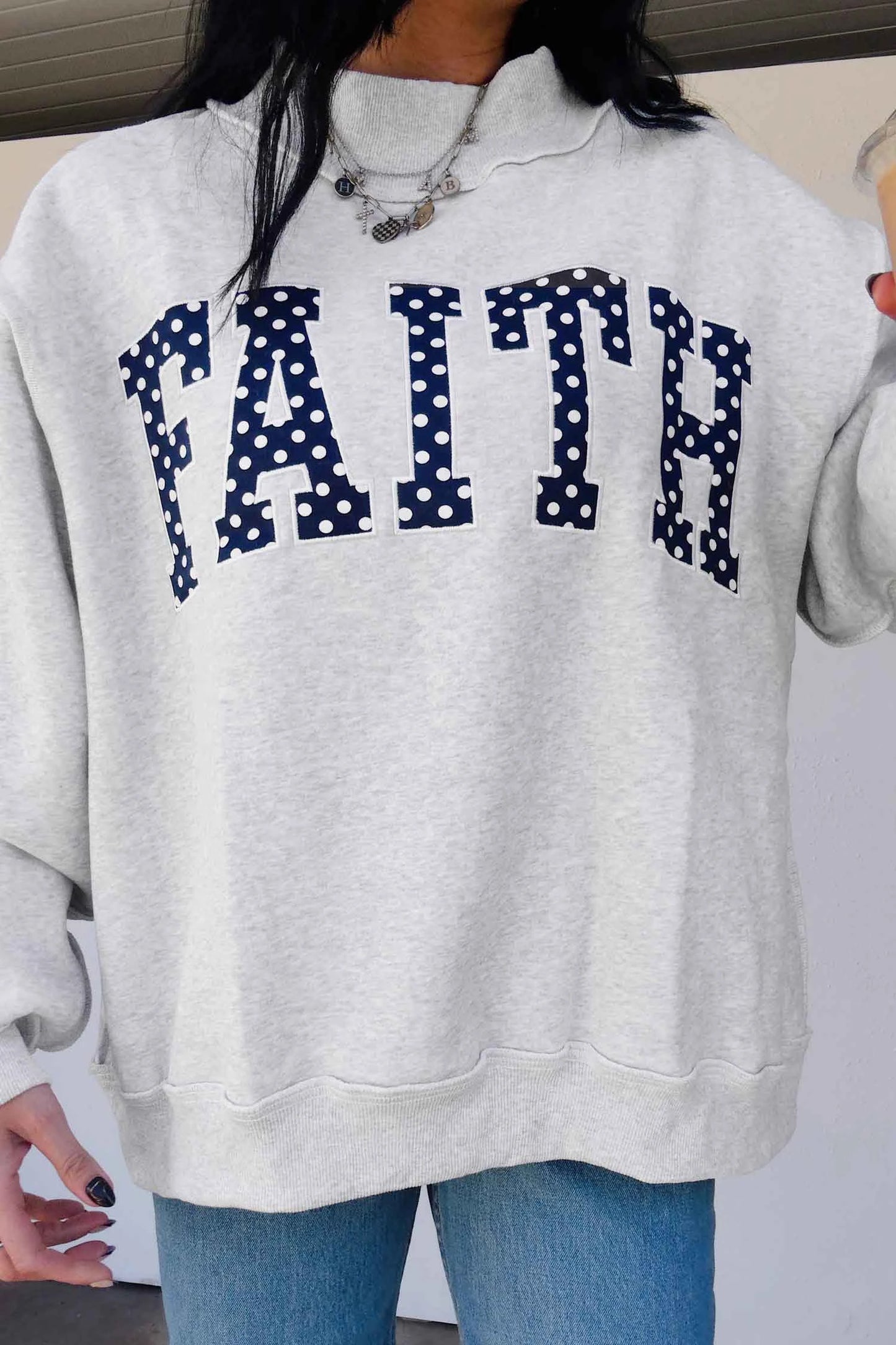 PREORDER: Light Grey High Neck Polka Dot Sweatshirt (Ships 28-35 Business Days)