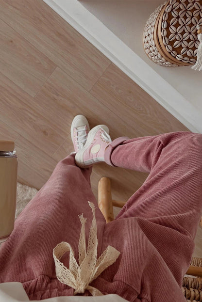 PREORDER: Rose Tan Lace Drawstring Pullover Hoodie and High Waist Pants Corduroy Suit (Ships 21-28 Business Days)