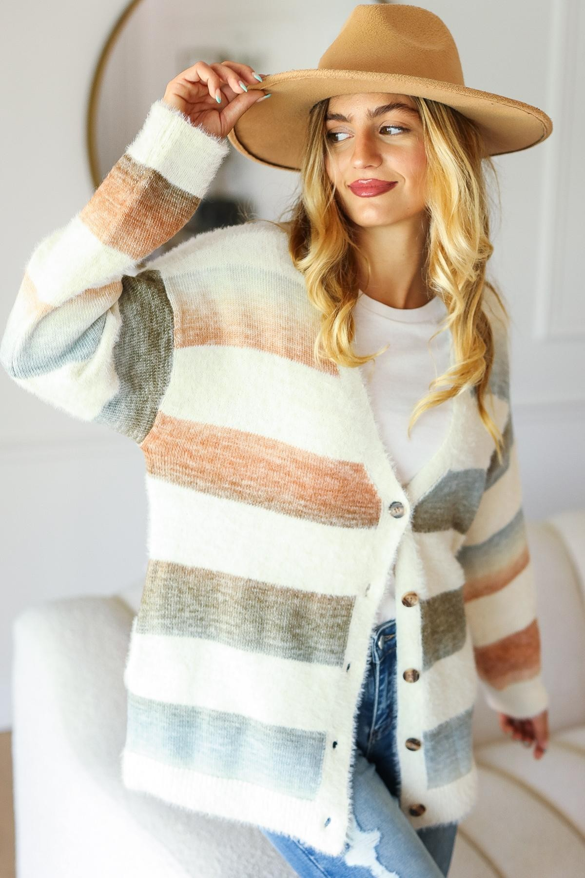 Button Down Stripe Soft Fuzzy Sweater Cardigan