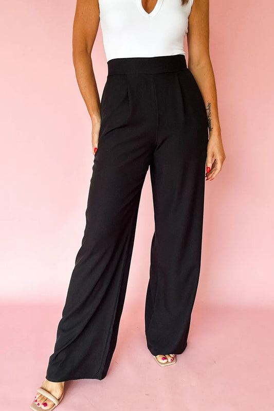 PREORDER: Black Pleated Detail Pull On High Elastic Waist Loose Straight Pants (Ships 21-28 Business Days)