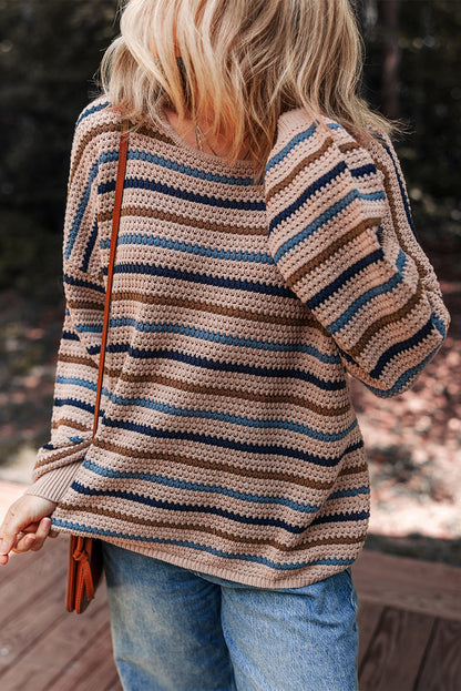 PREORDER: Striped Knitted Drop Shoulder Round Neck Sweater (Ships 21-28 Business Days)