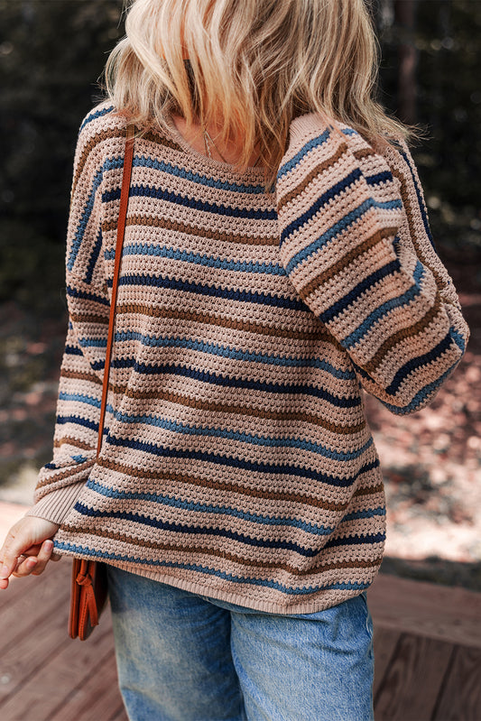 PREORDER: Striped Knitted Drop Shoulder Round Neck Sweater (Ships 21-28 Business Days)