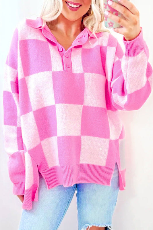 PREORDER: Pink Checkerboard Half Button Collared Drop Shoulder Sweater (Ships in 3-4 weeks)