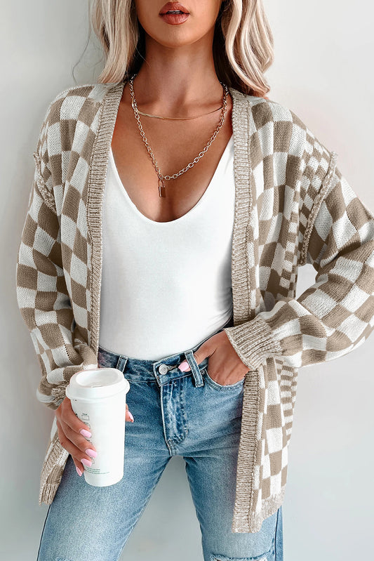 PREORDER: Brown Checkered Open Front Drop Shoulder Cardigan (Ships 3-4 Weeks)